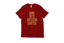 Load image into Gallery viewer, Bears Beets Battlestar Galactica Text T-Shirt
